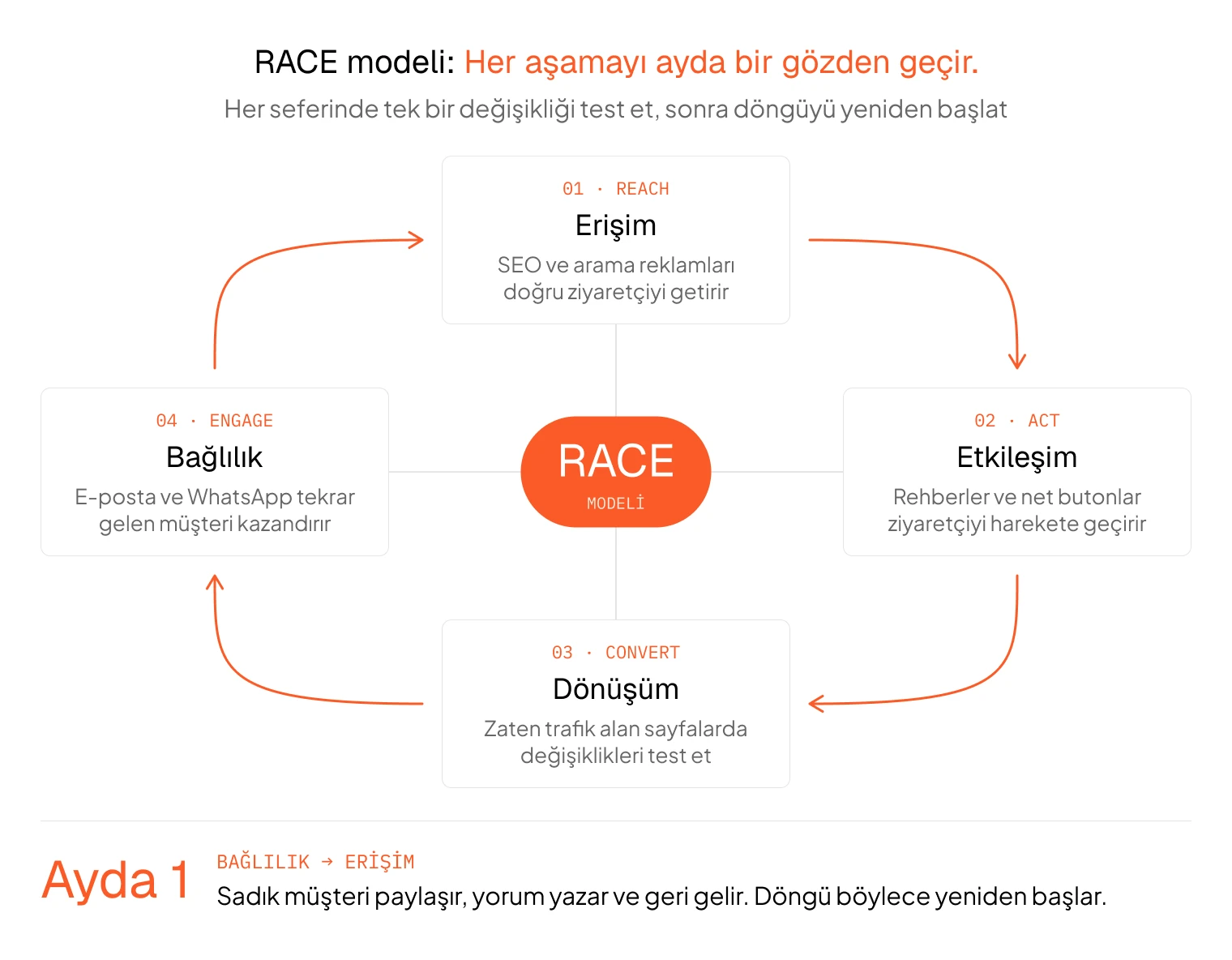 RACE modeli döngüsü: Erişim, Etkileşim, Dönüşüm ve Bağlılık aşamaları ve her aşamada yapılacak iş